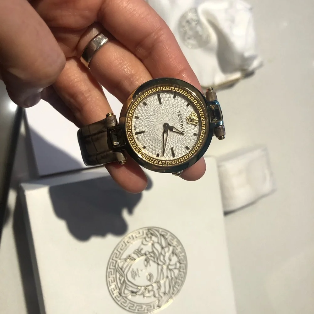 Versace White Dial Watch with Gold Bezel and Brown Strap